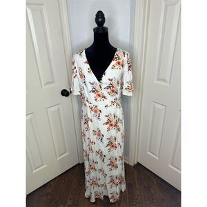 Azalosie Women's Floral Maxi Wrap Dress White XL V-Neck Short Sleeve Party